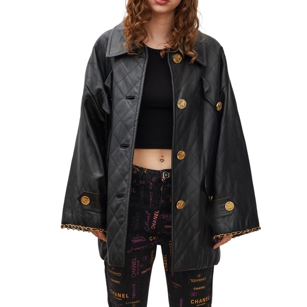 CHANEL VINTAGE BLACK LEATHER SWING COAT (FR44 | LARGE)